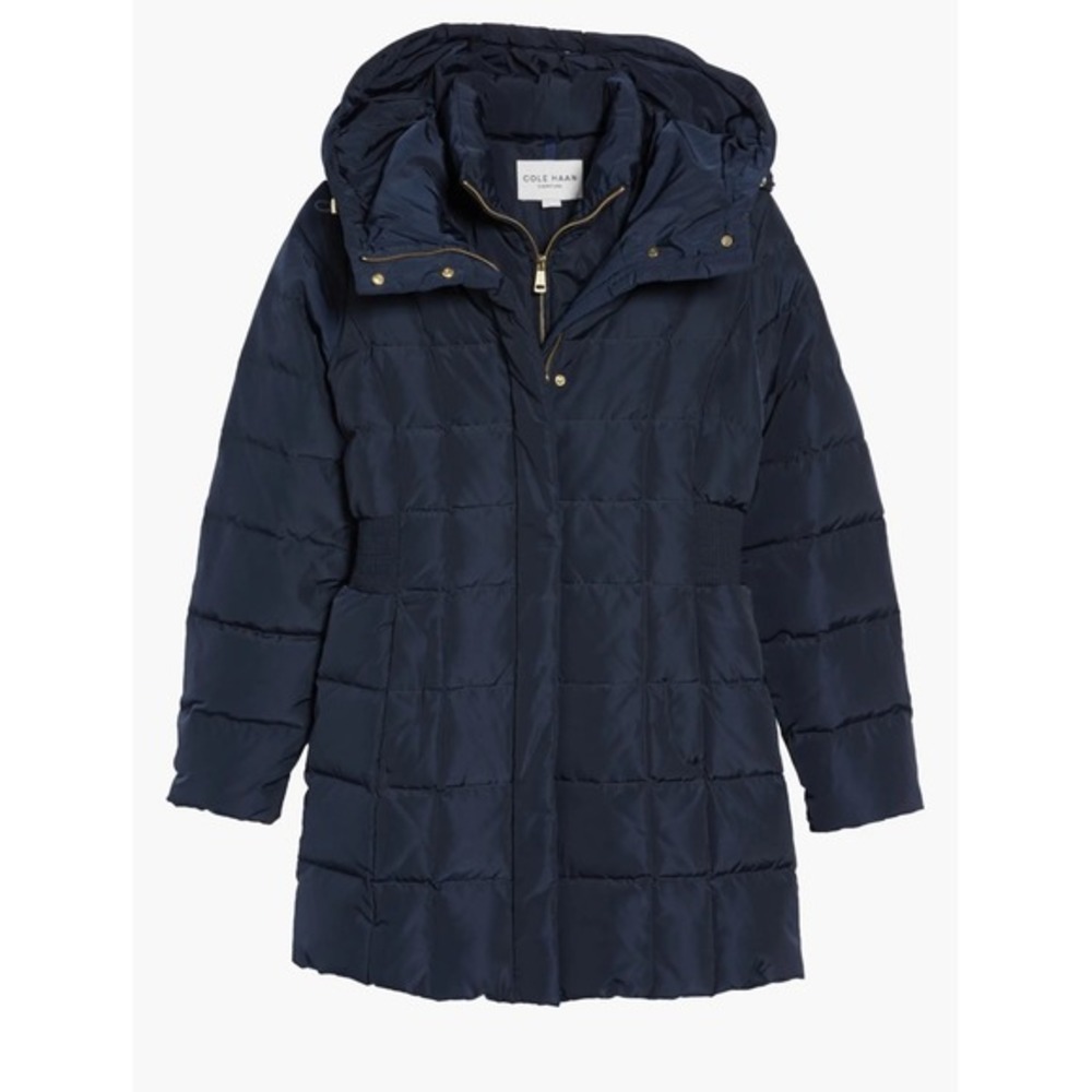 Cole Haan Womens L Hooded Down & Feathered Jacket Parka Navy Baffle Box Quilted